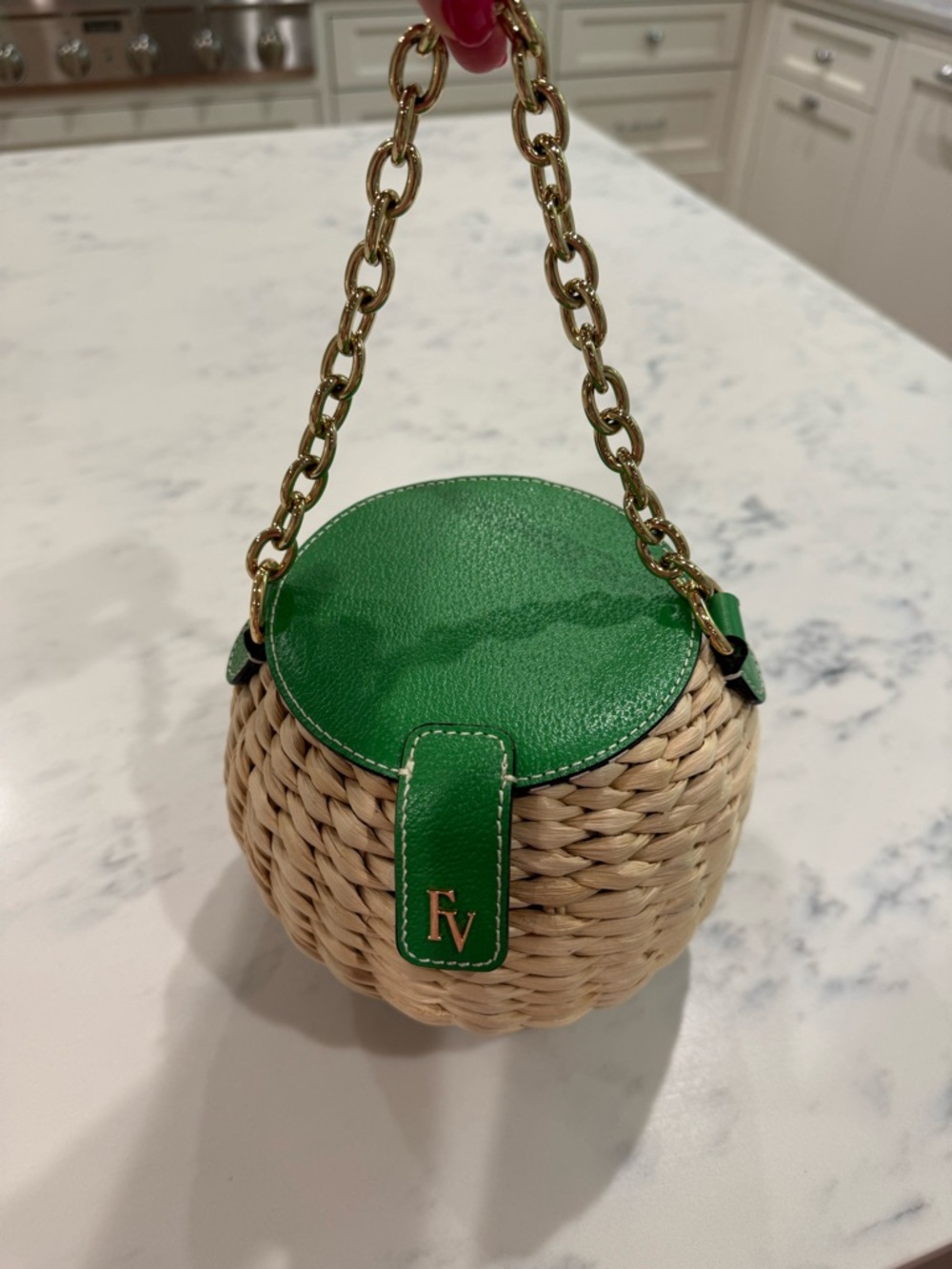Frances Valentine Green Leather-Trim Woven Round Mini Bag